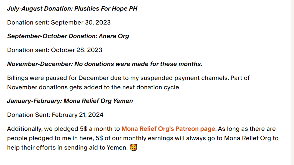 I haven't made a donation update in a while! The full post is here: patreon.com/posts/98908329 🌻

In addition to our donation to <a href="/monarelief/">MONA RELIEF ORG</a>, we also made a tiny pledge to their Pat/reon page (patreon.com/monarelief) that we plan to maintain for as long as we're able!💛