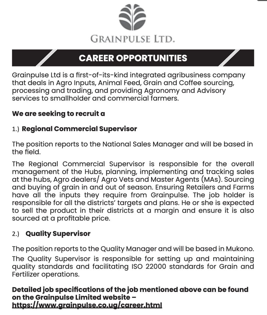 JOB OPPORTUNITY 📢 
GrainPulse is hiring a regional commercial supervisor and a quality supervisor.

#jobclinicug #jobs #ApplyNow #hiring #careers #MUBS #JobseekersWednesday #jobsinuganda #hiringalert