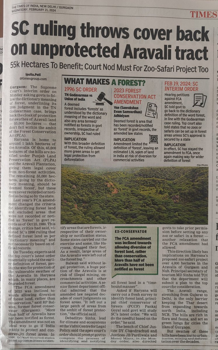 Aravalis gets a boost as SC directs states to adhere to 'forest' definition @lifeindia2016 @debadityo @rahuulchoudhary @AP_Climate @moefcc @SPYadavIFS