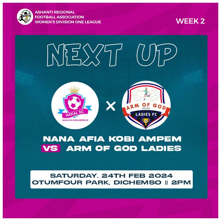 🟣Next on the Road !!! ⚪️

🆚 ARM OF GOD LADIES  
🕒 2pm
🏆 <a href="/AshantiLeague/">ARFA Womens Division One League ⚽</a>
🏟 Otumfuo Park, Dichemso

#TeamNaKaL