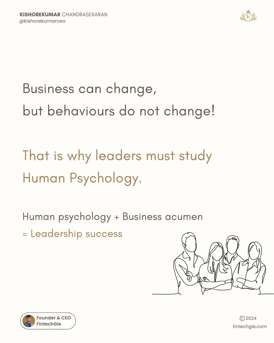kishorekumarceo's tweet photo. Business can change, but behaviours do not change! That is why leaders must study Human Psychology. Human psychology + Business acumen = Leadership success. 

#Leadership #HumanPsychology #BusinessAcumen #Success https://t.co/mo6KoaLWb8