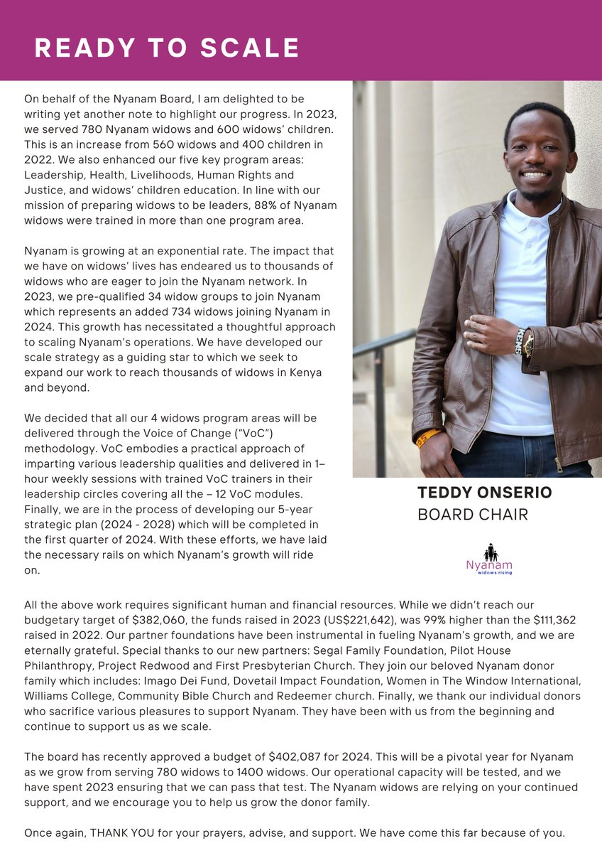 Leadership and Growth📈

Our Wednesday just got better #NyanamWednesdayVoices✨

We are excited to spice up your day with a beautiful message from our esteemed Board Chair <a href="/teddyonserio/">Teddy Onserio</a>

#NyanamWidowsRising 
#NyanamVoiceOfChange
#WhereWidowsThrive