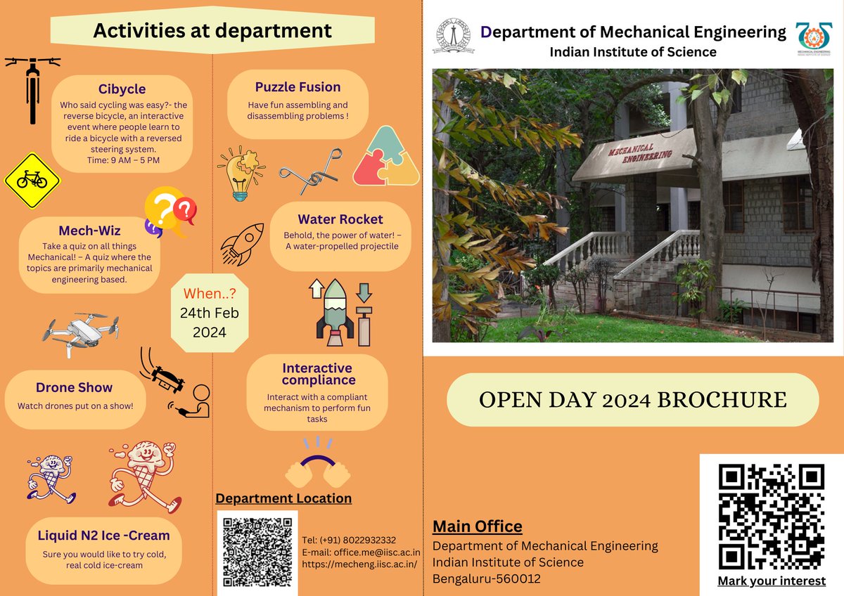 @IiscMechanical is gearing up for the upcoming open day on 24th Feb (Saturday). Lots of cool Mech-flavoured demos will be on display! Come join us to celebrate all science and engineering feats of our department! Check out the cool open day flyer by our department folks...