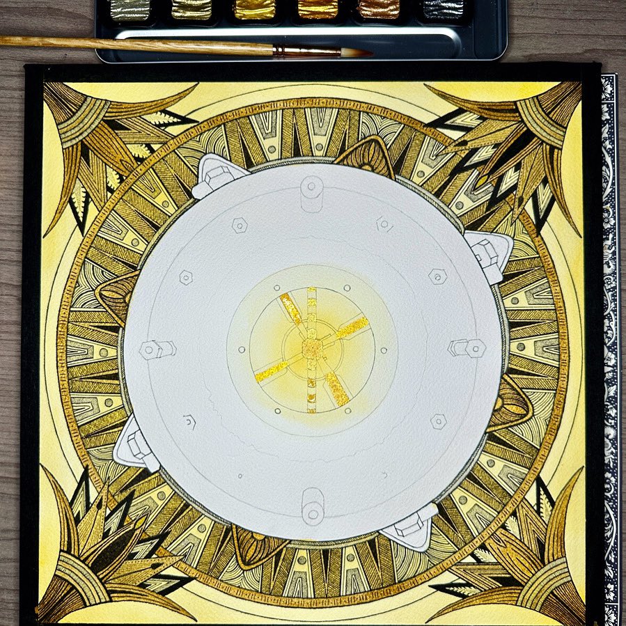 Nearly done with the ink/gold on the #osirisrex #wip. Next, precious stone inlay (figuratively & LITERALLY thanks to Daniel Smith PrimaTek #watercolors), golden center, and asteroid samples!

#inprogress #SpaceArt #AstroArt #SciArt #watercolor #spacecraft #asteroids #nasa #jpl