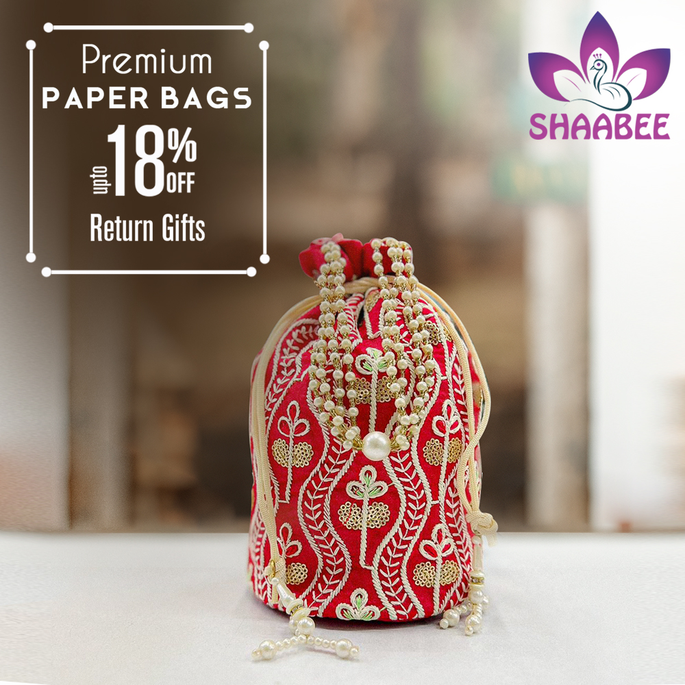 returngiftsshop's tweet photo. A common choice for presents given at wedding ceremonies are potli bags. Purchase Potli Pouches only from the best wholesaler. Get lots of gift bags for the guests at the wedding. Return presents may be purchased at @shaabee.in/potlibags or by calling 96000 00394. #returngifts https://t.co/J7CKaqjcwD
