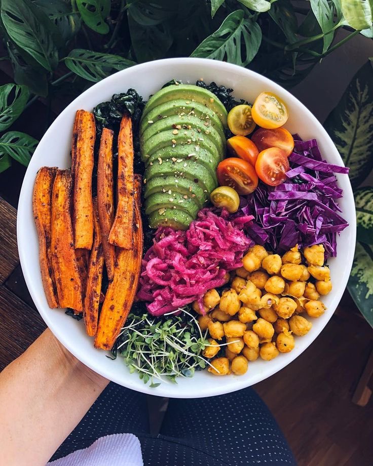 Healthy vegan colourful bowl with roasted sweet potato, avocado, chickpeas , red cabbage, cherry tomatoes, sprouts, kale , onion pickle. #vegan #healthy #green #food #nodrugs #nowar #noalcohol #lifestyle