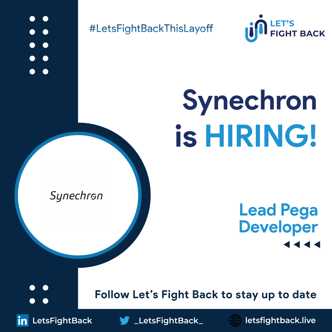 _LetsFightBack_'s tweet photo. Synechron is hiring 🚀

Step 1: Comment "Interested". 

Step 2: Follow @_LetsFightBack_

Step 3: Find the link in the comment section and apply.

Join the 2563+ members community and let's together draft your fight back journey from this #layoffs 🔥💪 https://t.co/7tjWH4tHbH