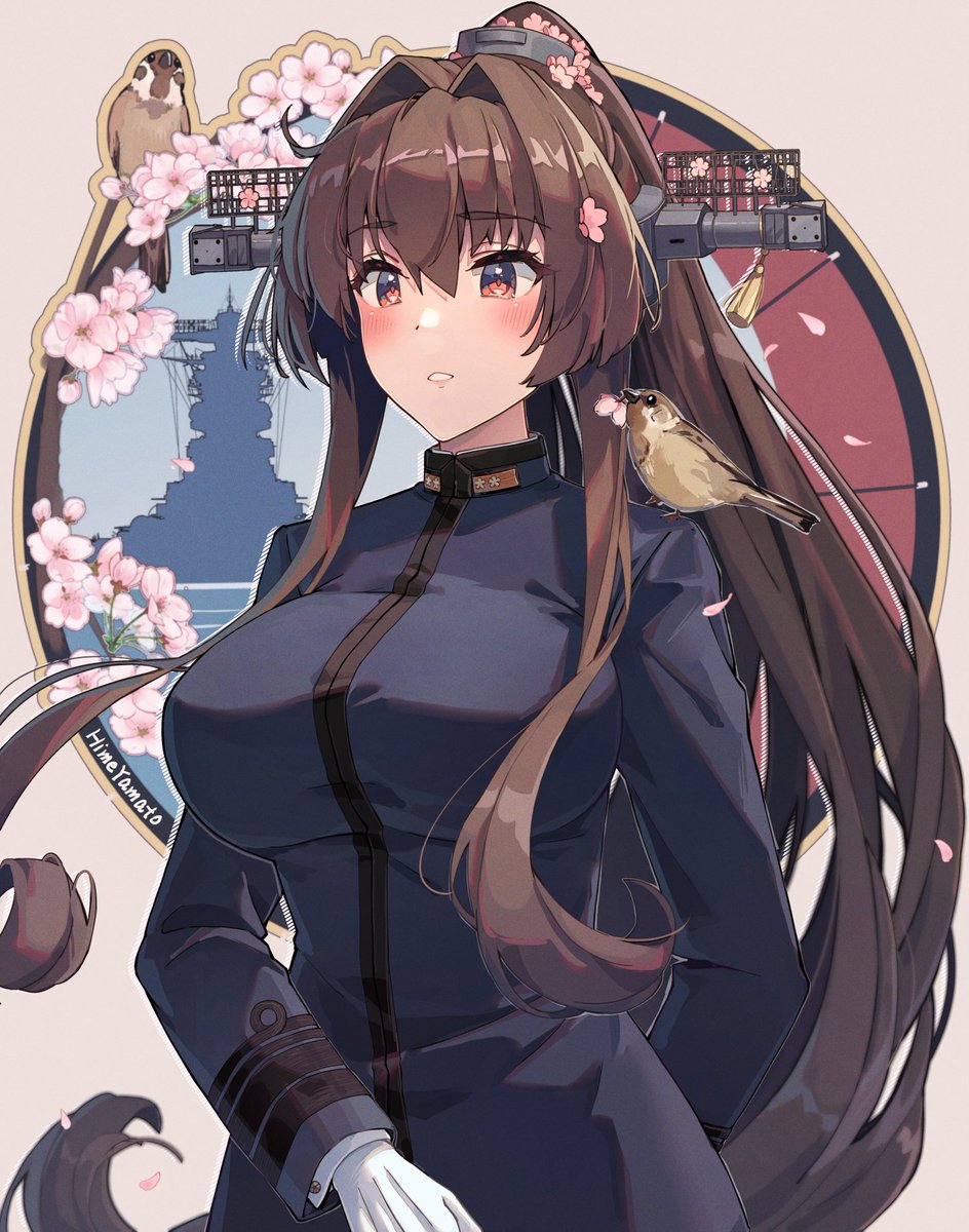 yamato (kancolle) 1girl long hair cherry blossoms brown hair ponytail gloves bird  illustration images