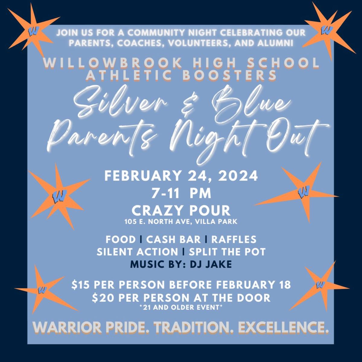 El 24 de febrero, @WillowbrookAth1 organizará una “Noche de padres plateada y azul” para celebrar la dedicación y los esfuerzos de los padres de @WillowbrookHS1 y agradecerles por todo lo que hacen para apoyar a la escuela. Vea detalles importantes en dupage88.net/site/page/15982.