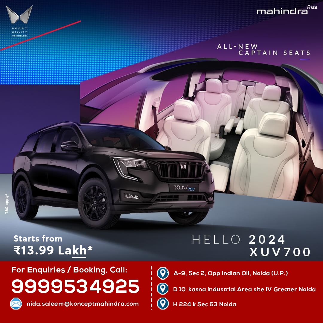 Luxuriously comfortable for everyone on board. Introducing the 2024 XUV700 with Captain Seats. Available in Napoli Black and Dual Tone Exteriors. Starts at Rs.13.99 Lakh. Book now.

#Hello2024XUV700 #2024XUV700 #XUV700 #DrivingExcellence #MahindraCar #CarOfTheDay #BookToday