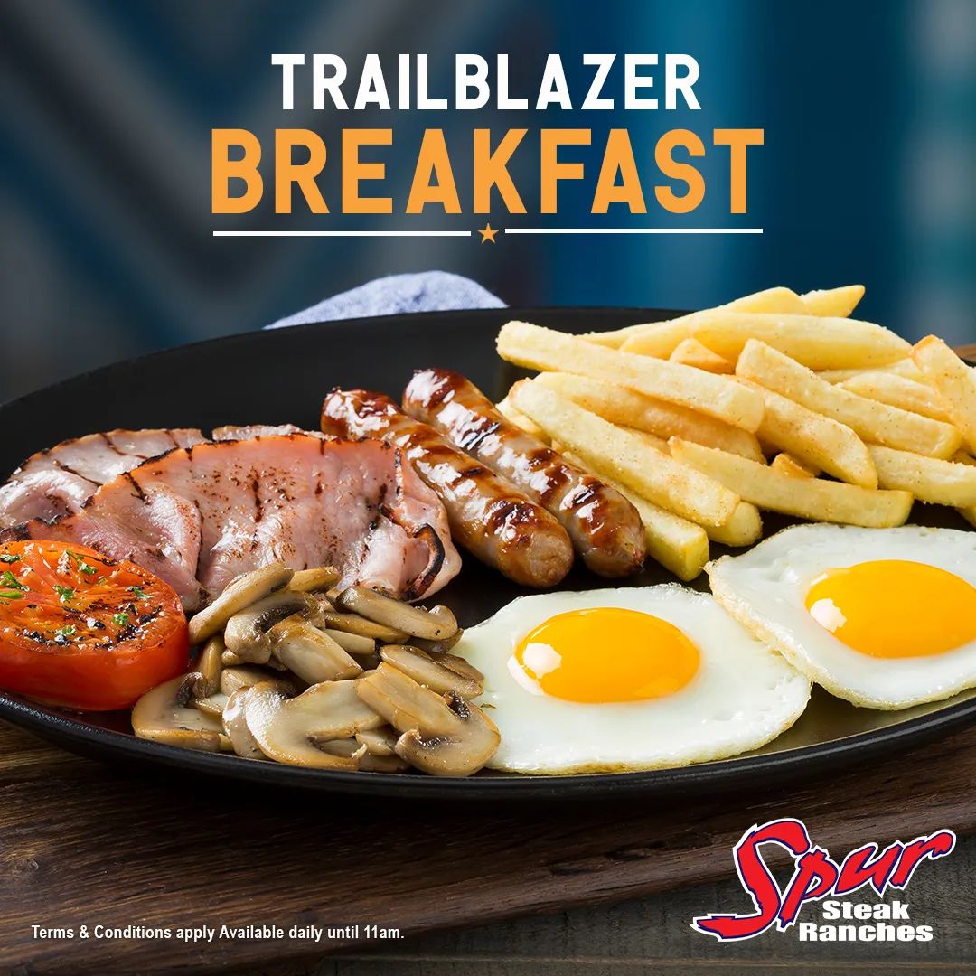 Tuck into the @spurrestaurant Trailblazer Breakfast — two fried eggs, two rashers of grilled bacon, wors, fried tomato and sautéed mushrooms, served with chips and two slices of toast 🍳 Available daily until 11h00.
#BaywestMall #SpurSteakRanches #TrailblazerBreakfast