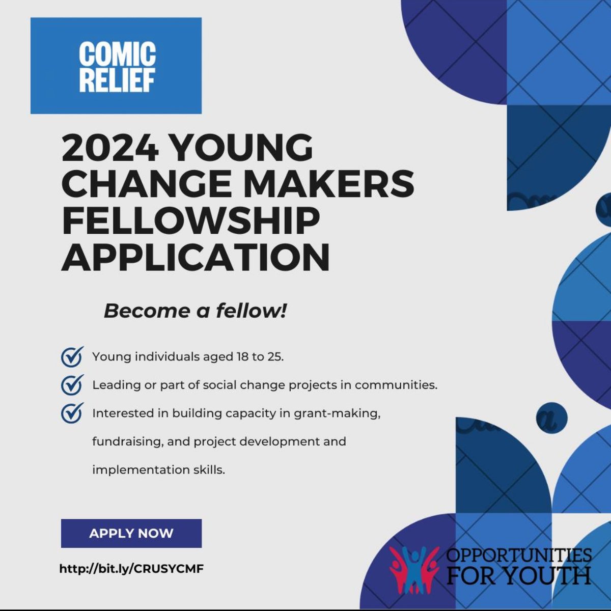 opportunitiesfy's tweet photo. 🌟 Are you a young leader aged 18-25, eager to make a difference?

Apply now for the 2024 Young Change Makers Fellowship by Comic Relief US Youth Advisory Council (YAC)!

More info here: https://t.co/a5D0oWKU7G

#ChangeMakers #ComicReliefUS #Fellowship #Opportunity https://t.co/p8aaoRY4wM