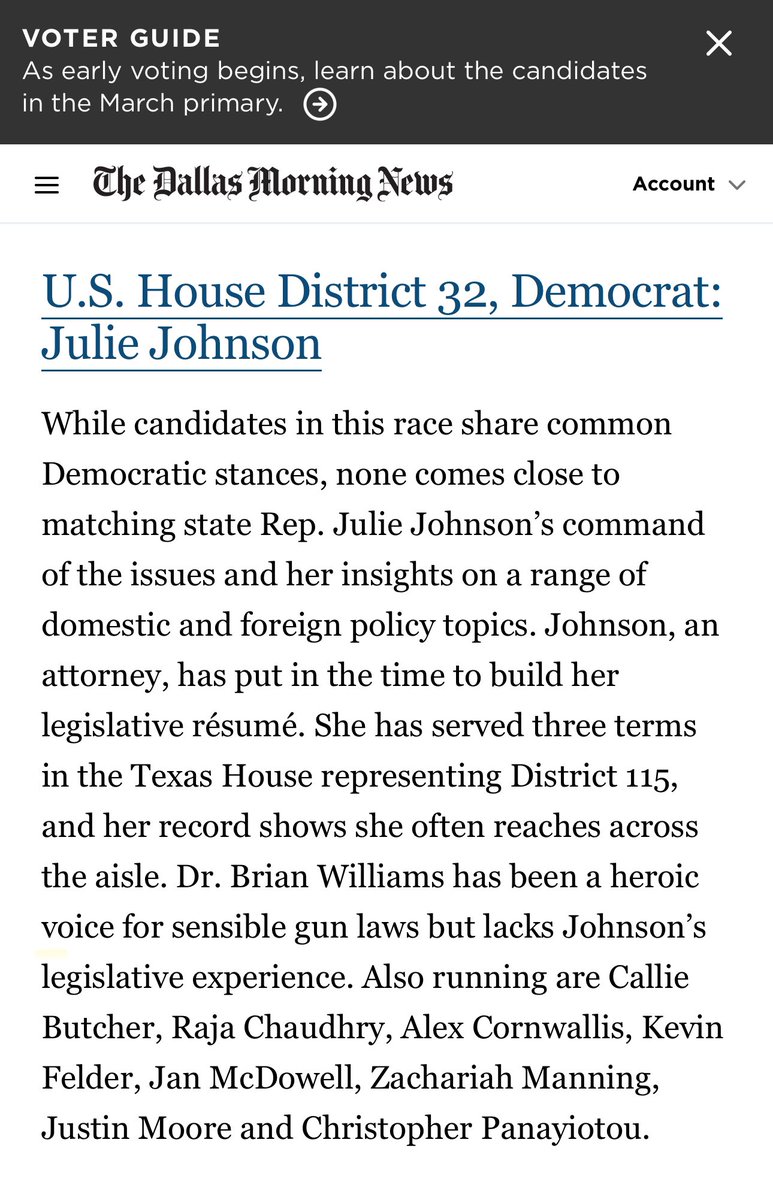 @dallasnews’ all candidate endorsements for the March 5th primary…with a mini-summary of each. #ImWithJulie & will whole-heartedly vote for @juliejohnsonTX in #TX32!! It’s clear of the 9 other fine Democrats, “none comes close” to Julie. Join #TeamJulie! Vote for Julie!! 💙💯