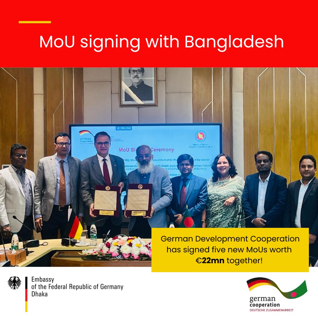 GermanEmbassyBD's tweet photo. #DevelopmentDienstag
German Development Cooperation has signed five new MoUs worth 22 million Euro together with Bangladesh. With these projects Germany supports sustainable supply chains and Just Energy Transition.
🇩🇪🤝🇧🇩 https://t.co/zIPbm2ZbKG