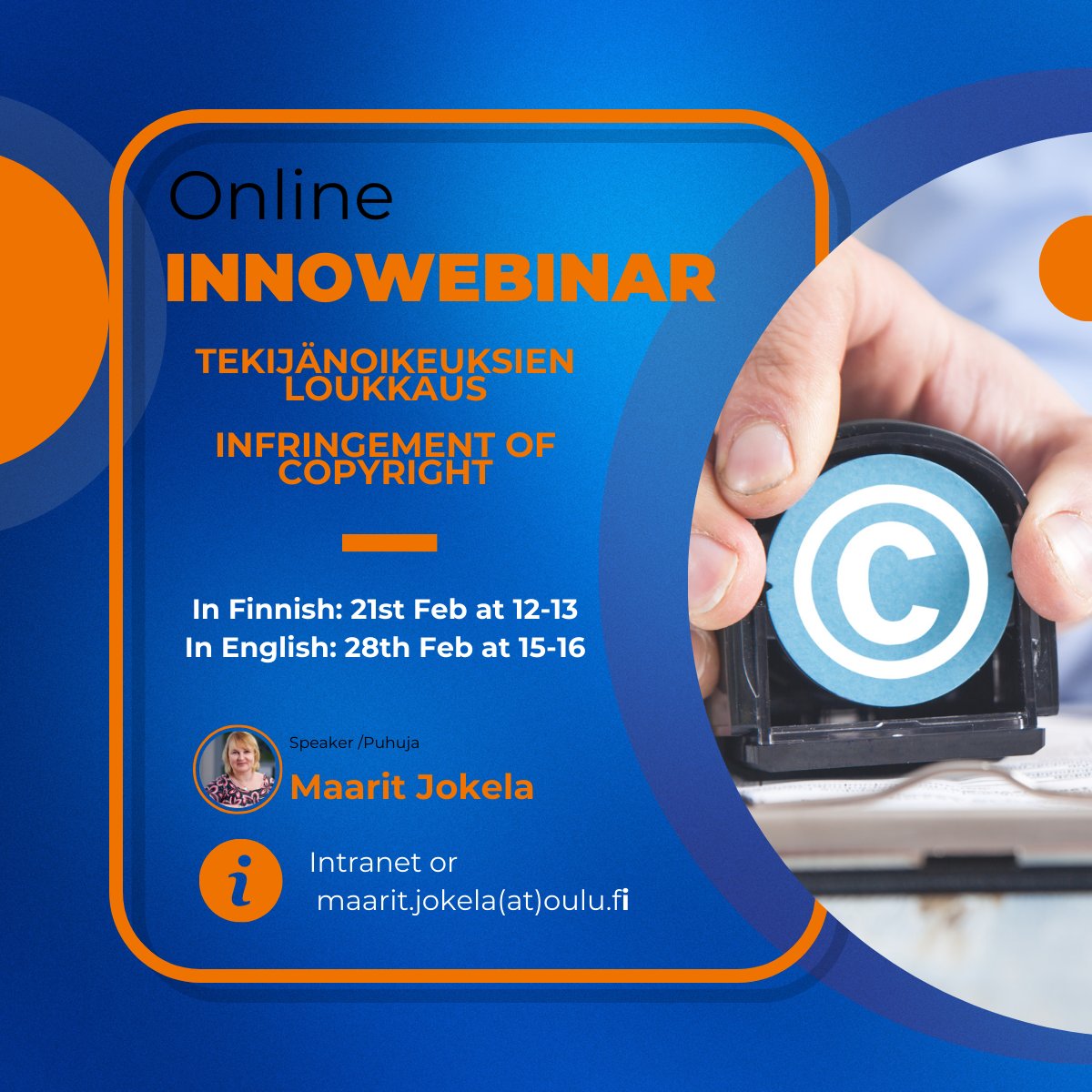Welcome to the InnoWebinar where we will discuss the infringement of copyrights. You will gain insights from both the perspective of the copyright holder and the user.

Webinar in Finnish today on 21.2. from 12 to 1 PM, and in English on 28.2. from 3 to 4 PM.
#uicoulu  #Copyright