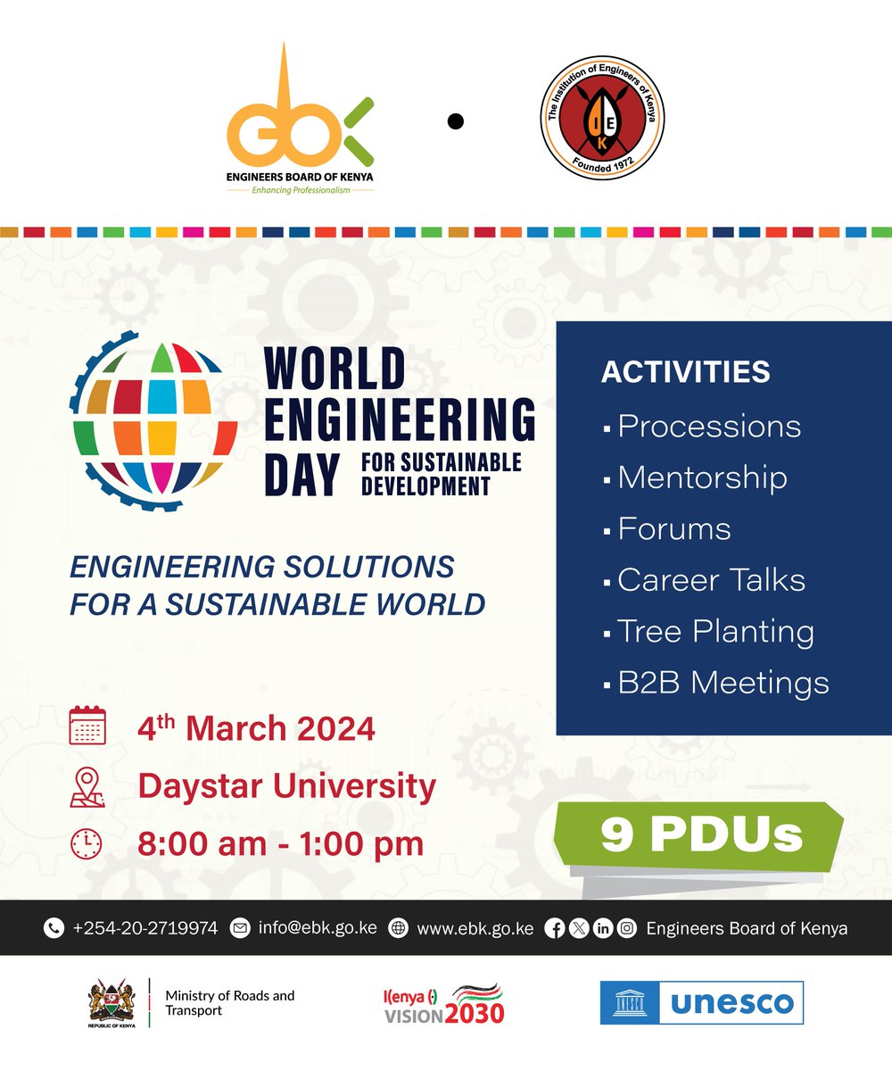 Engineers Board of Kenya (@engineersboard) on Twitter photo Engineering Sustainability: The <a href="/EngineersBoard/">Engineers Board of Kenya</a> in partnership with <a href="/TheIEK/">The Institution of Engineers of Kenya</a> will be hosting the World Engineering Day (WED) 2024.
Join us as we celebrate engineering and the contribution of engineers for a better, sustainable world.
🗓 4th March 2024
📍 Daystar University, Engineering Sustainability: The <a href="/EngineersBoard/">Engineers Board of Kenya</a> in partnership with <a href="/TheIEK/">The Institution of Engineers of Kenya</a> will be hosting the World Engineering Day (WED) 2024.
Join us as we celebrate engineering and the contribution of engineers for a better, sustainable world.
🗓 4th March 2024
📍 Daystar University,