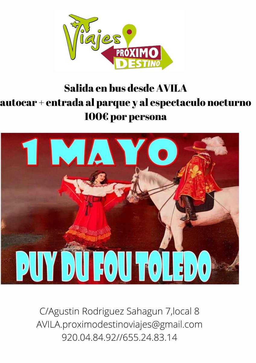 Descubre "El Sueño de Toledo", el espectáculo más grande del país y una experiencia en la que recorrerás 1.500 años de la Historia de España.

Salida en bus desde Avila, entrada al Parque, comida con espectáculo y seguro de Viaje!!!!
#puydufou #toledo #TuAgenciaDeViajes #avila