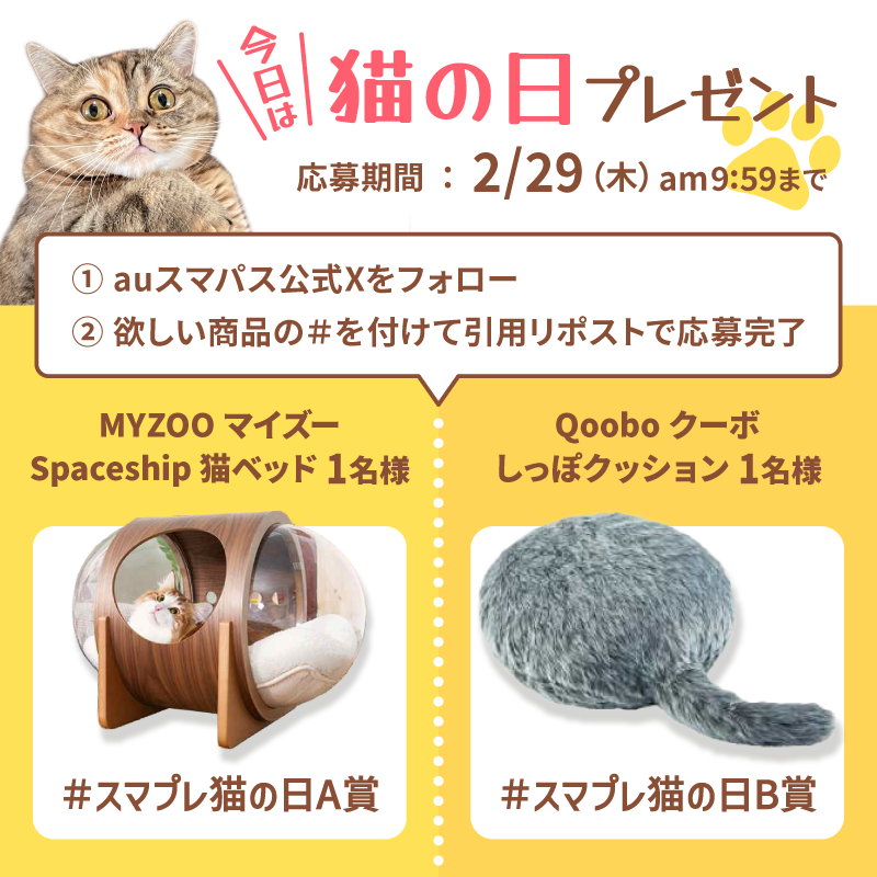 smartpass_au's tweet photo. #猫の日 記念キャンペーン🎁
抽選で【2名様】に🐱猫グッズ🐱が当たる❣️

🐈‍⬛応募方法
1️⃣@smartpass_auをフォロー
2️⃣欲しい商品の#をつけて、この投稿を引用リポスト🔄

🐈‍⬛応募〆切
2/29(木)9:59迄

#スマプレ猫の日A賞
#スマプレ猫の日B賞

👇画像の中のどちらが欲しい？
特集も要チェック✅🐱