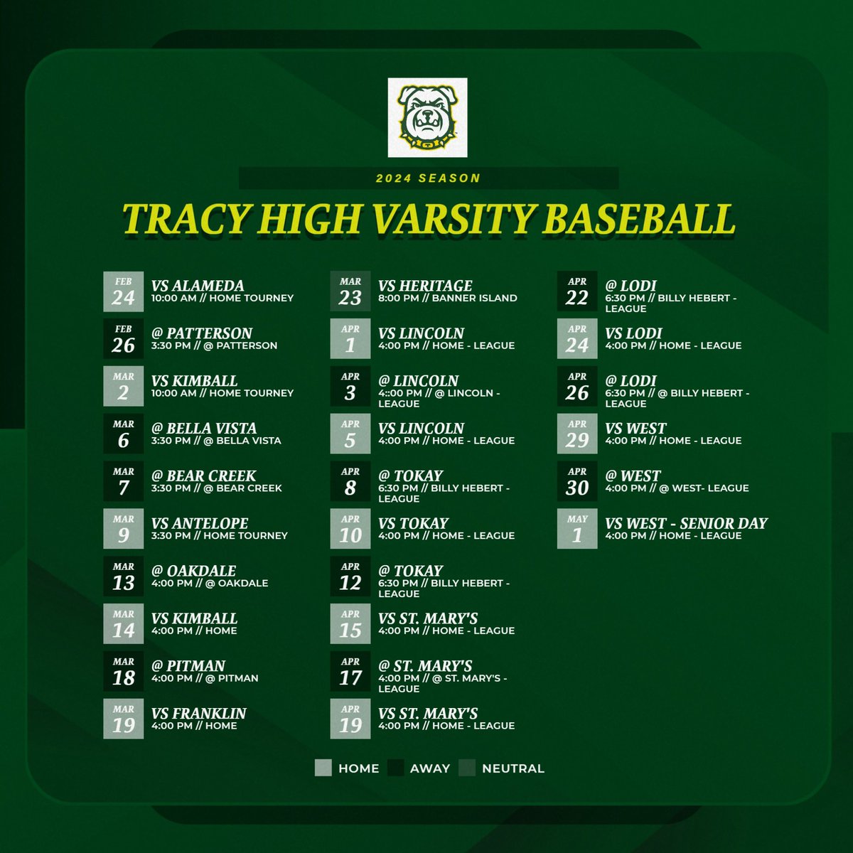 First pitch Saturday 10 a.m. for JV and Varsity.  Freshmen begin at Kimball Friday p.m.