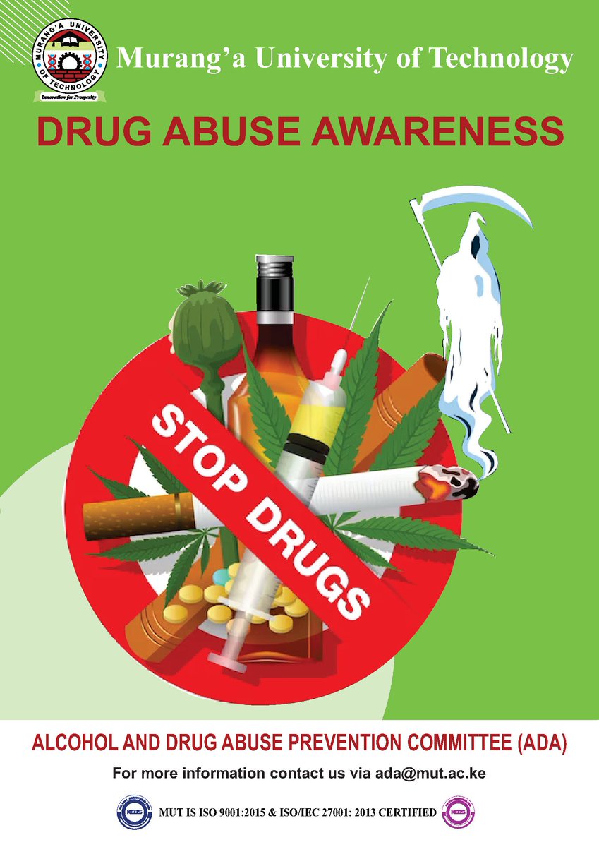 Drugs are substances that change the  way a person's body works. they change the way people feel. think and behave. 'Make good choices'
#Drugfree, #avoiddrugaddiction #substanceusedisorder  #MUTada  #Drugfreeworkplaces, #preventionworks, #KEPreventionweek #MUTdrugfreezone