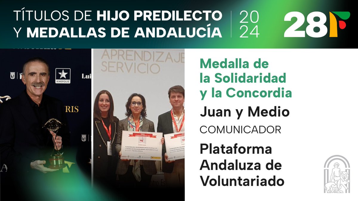 Medalla de #Andalucía de la Solidaridad y la Concordia: 🏅@VoluntariadoPAV 🏅 Juan y Medio #28F ✅