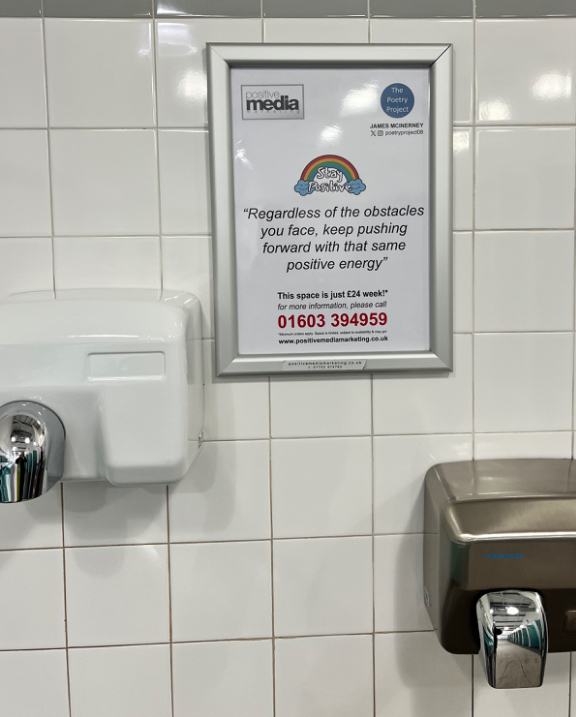 poetryproject08's tweet photo. A huge thanks to Positive Media Marketing for having words from The Poetry Project on display to help and heal all those that see them! #thepoetryproject #StayPositive @positive_market @MillsMc07 https://t.co/UavHvE2ShU