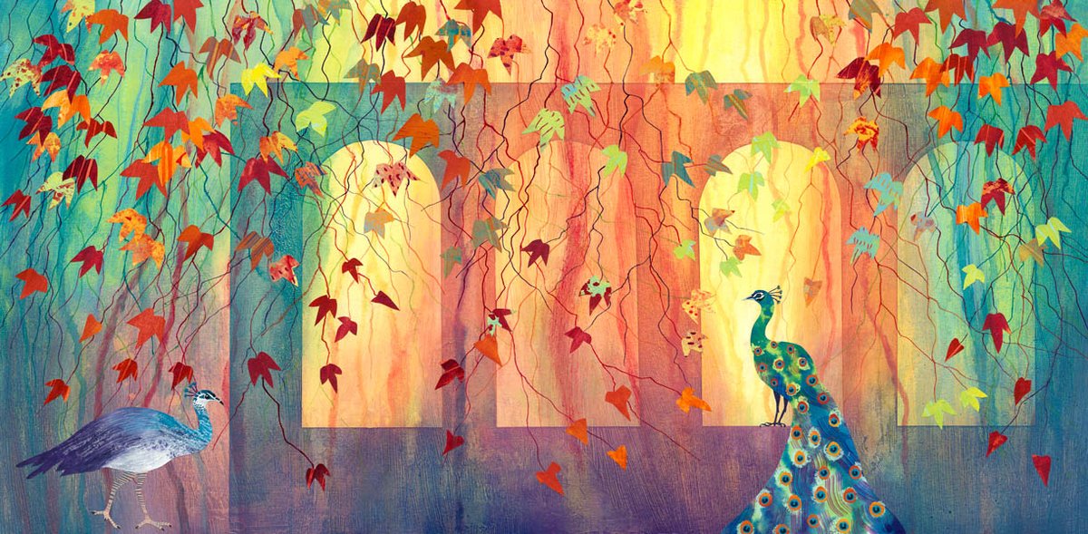 Love Birds: Working with a loose theme of formal gardens, slowly but surely, this composition took shape. A peacock & peahen inhabit the time worn beauty of an old wall. Is the climber Virginia Creeper or Boston Ivy? Original sold, prints can be ordered rebecca-vincent.co.uk/single-post/bi…