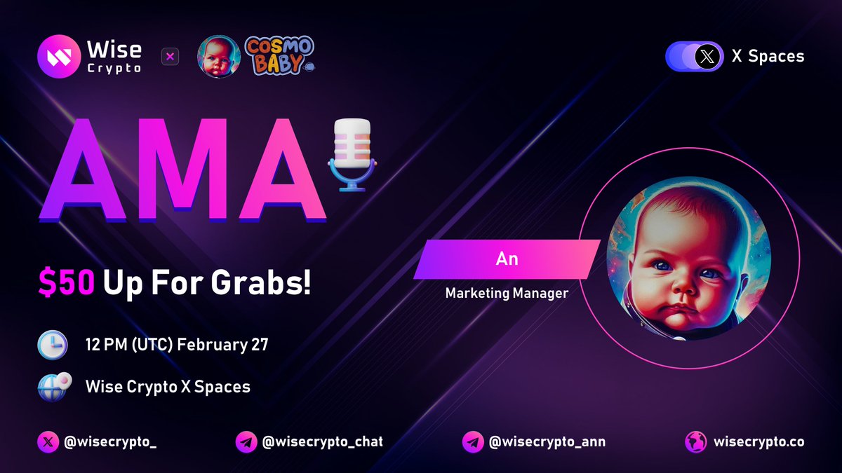 WiseCrypto_'s tweet photo. π₯³ Wise Crypto x #Cosmo Baby X Spaces AMA
β° Time: Feb 27, 12 PM (UTC)
π $50 for 5 Best Live Questions
π·Follow @WiseCrypto_ & @cbabytoken
π·Rules https://t.co/lSUiU60Xf6
π·Like, RT & Tag 3 Friends
πSet Reminder: https://t.co/VqaaVyDI8C
#AMA #WiseCrypto #CBABY https://t.co/yLbfa3to0c