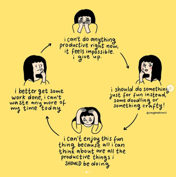 Talking about academic guilt—the constant pressure to be productive, feeling guilty when not working, and the sense of needing to earn breaks.

How do you cope with this? What helps you?

<a href="/CouragePhD/">Academic Encouragement</a> #AcademicTwitter #AcademicMentalHealth #PhDVoice

Image: <a href="/crazyheadcomics/">matilda</a>