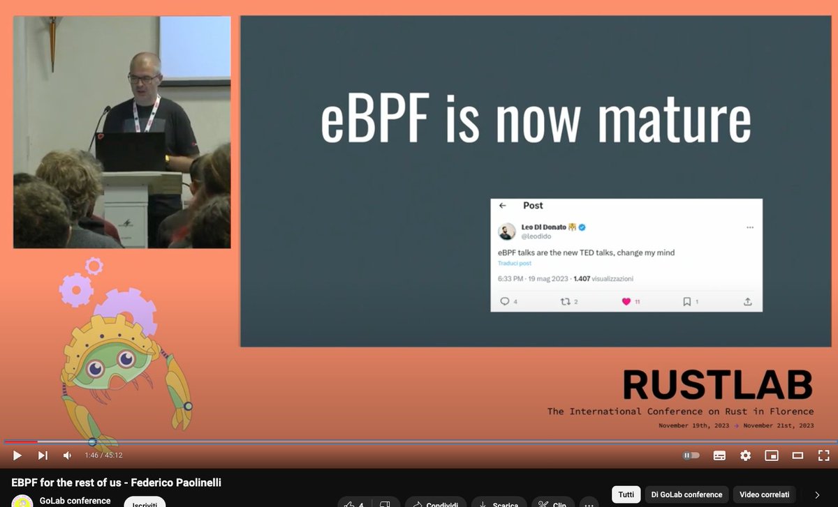 Nice to get mentioned in this introductory talk on eBPF by Federico! 🙏 Very clear and well-done talk, btw!