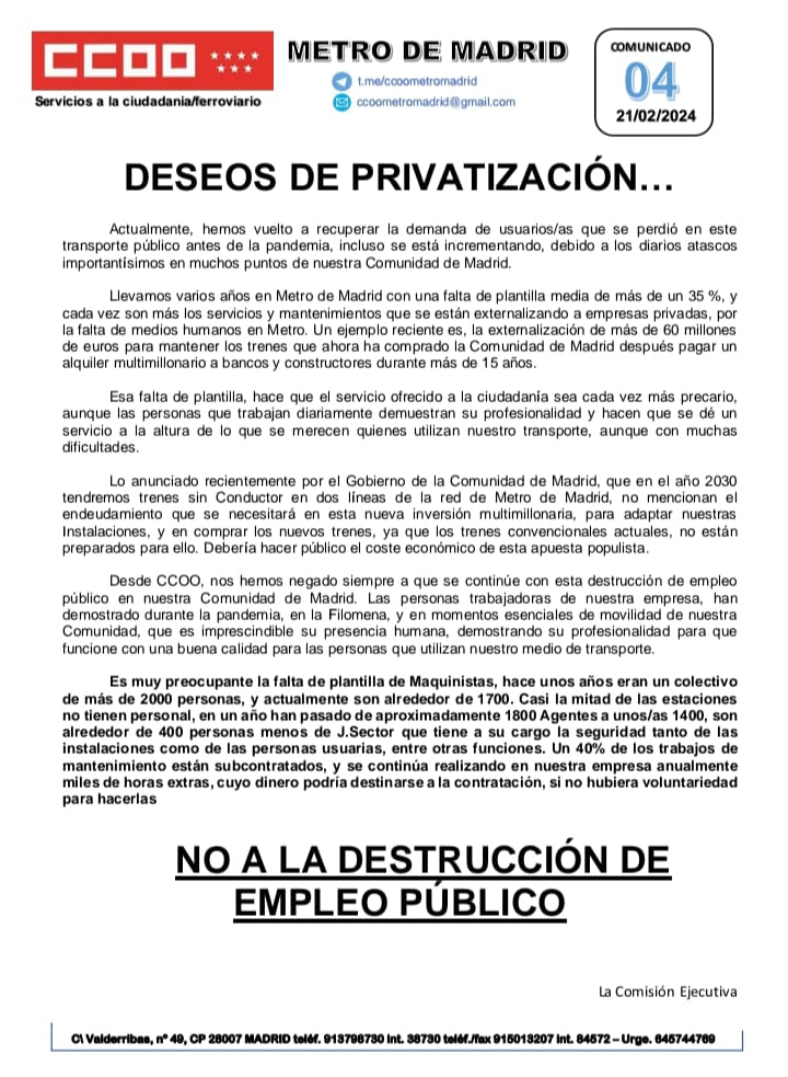 CCOO METRO MADRID (@ccoometromadrid) on Twitter photo Sin plantilla, sin repuestos, estaciones desatendidas, con trenes con #Amianto, talleres anticuados... , <a href="/IdiazAyuso/">Isabel Díaz Ayuso</a> promete...??? <a href="/FSCdeCCOO/">FSC-CCOO</a>
<a href="/CCOO_FER/">CCOO FERROVIARIO</a> Sin plantilla, sin repuestos, estaciones desatendidas, con trenes con #Amianto, talleres anticuados... , <a href="/IdiazAyuso/">Isabel Díaz Ayuso</a> promete...??? <a href="/FSCdeCCOO/">FSC-CCOO</a>
<a href="/CCOO_FER/">CCOO FERROVIARIO</a>