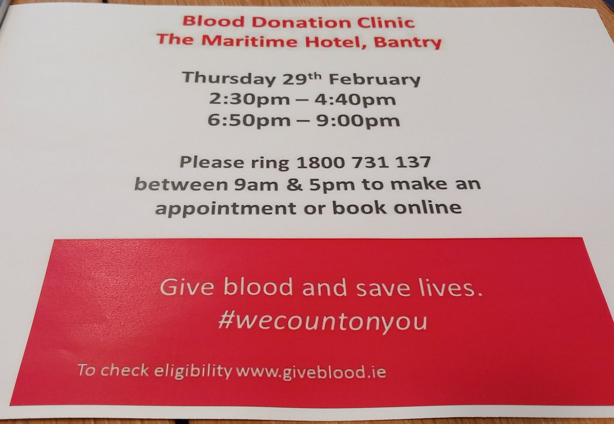 Blood donation drive coming to Bantry tomorrow if anyone is free to donate