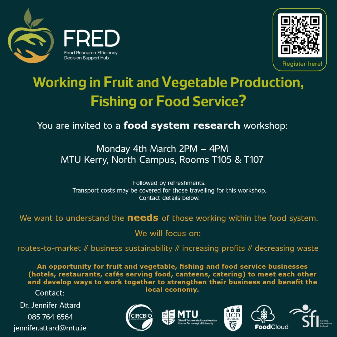 Are you an #Irish #fruit & #vegetable #grower? At our #FoodSystem stakeholder workshop on March 4th you can 🤝Network with #producers and #foodservice businesses 💡Share your food business challenges & develop solutions with peers & research team Info: circbio.ie/news/launch-of…