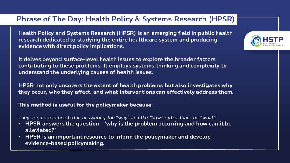 Phrase of the day: Health Policy and Systems Research (HPSR)!

#HPSR #HealthSystemsStrengthening #WednesdayWisdom #PhraseOfTheDay