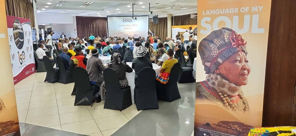 Kaabwe's tweet photo. A big #HappyBirthdayOumaKatrina and a well-deserved standing ovation for @PukuBooks bringing a collective approach to preserve #indigenouslanguages through #literature and the film #LanguageofMySoul !
Supported by @unisa @SABC2 @NLSA1 #Ilifa @nfvfsa @SportArtsCultur @MyrmidonsThe @GautengFilmCom