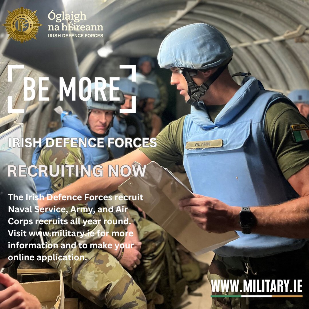 BE MORE The Irish Defence Forces recruit Naval Service, Army, and Air Corps recruits all year round. Visit military.ie for more information and to make your online application now. #bemore #military #NavalTraining #careers #recruiting #jobs #hiring