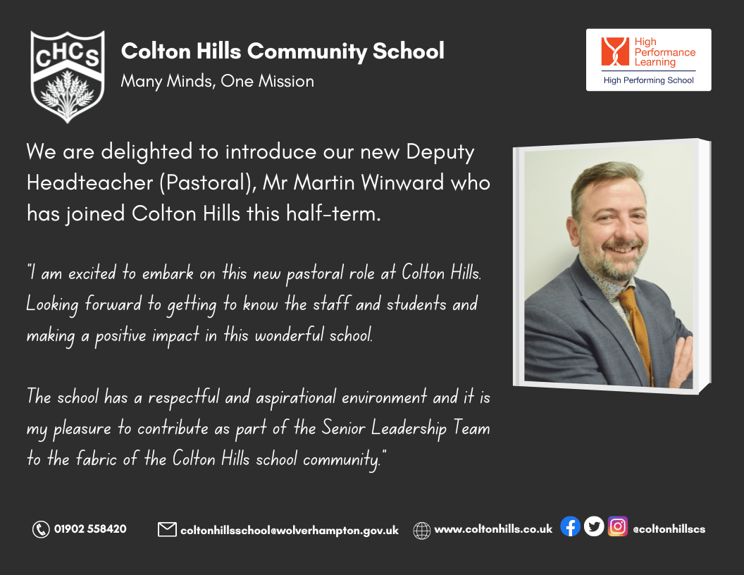 We would like to warmly welcome our new Deputy Headteacher, Mr Winward and wish him all the best in his new role!  
#ColtonHills #Secondary #Wolverhampton #Highperformancelearning