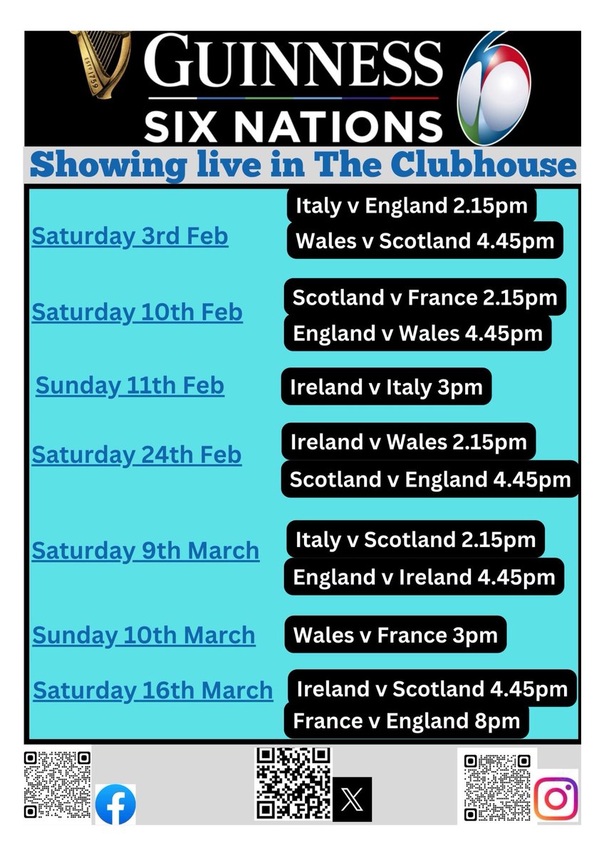 This Saturday we will be showing the Guinness Six Nations Rugby fixtures live in The Clubhouse.

The bar will be open so come along and watch.
@gladiatorsrl @CenturionsRUFC @SixNationsRugby 
@Rugby