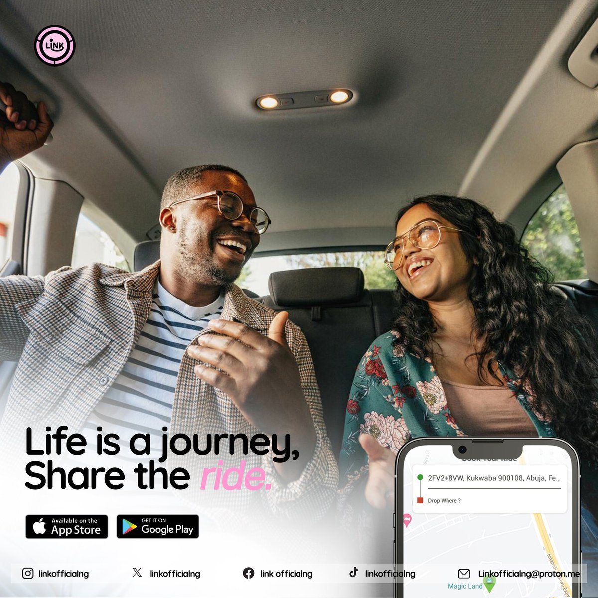 Hop in and share the laughs, sights, and stories with Link. Buckle Up, let's Share the Road. Download the app and find your ride to adventure! #ShareTheJourney #LifelsARide #MoreThanARide