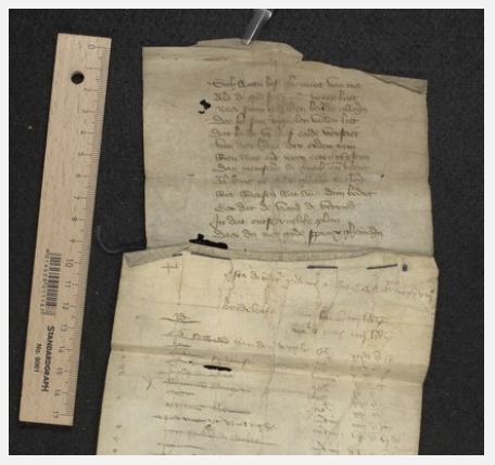 MMFCbe's tweet photo. Today's our final visit to Rijksarchief Brugge. All 16 fragments we have found here are now available on Fragmentarium. Highlights include a map of the Holy Land, a Middle French Golden Legend, a Middle Dutch poem and a polyphonic mass by Pierre de la Rue. https://t.co/FVCXJrT4lt https://t.co/F4RpI7vKtT