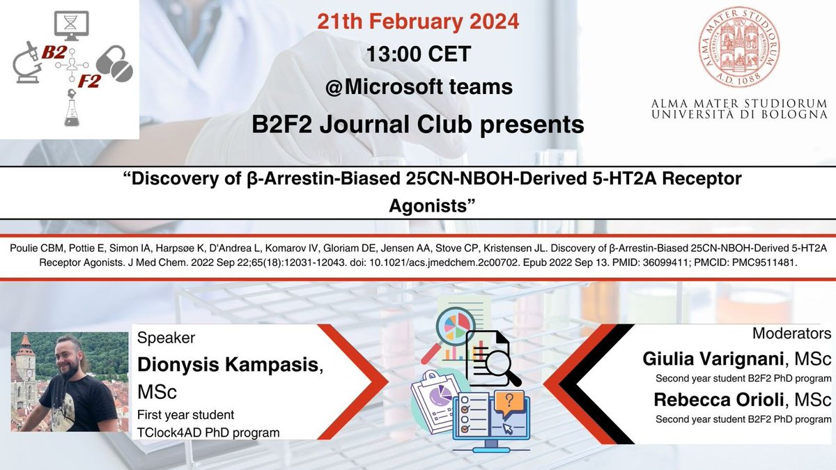 Hi everyone! Today at 1pm, we will host the 5th #Journalclub2024 session. Our first-year PhD student Dionysis Kampasis will present the article 'Discovery of β‑Arrestin-Biased 25CN-NBOH-Derived 5‑HT2A Receptor Agonists'. You can check it at doi.org/10.1021/acs.jm…
