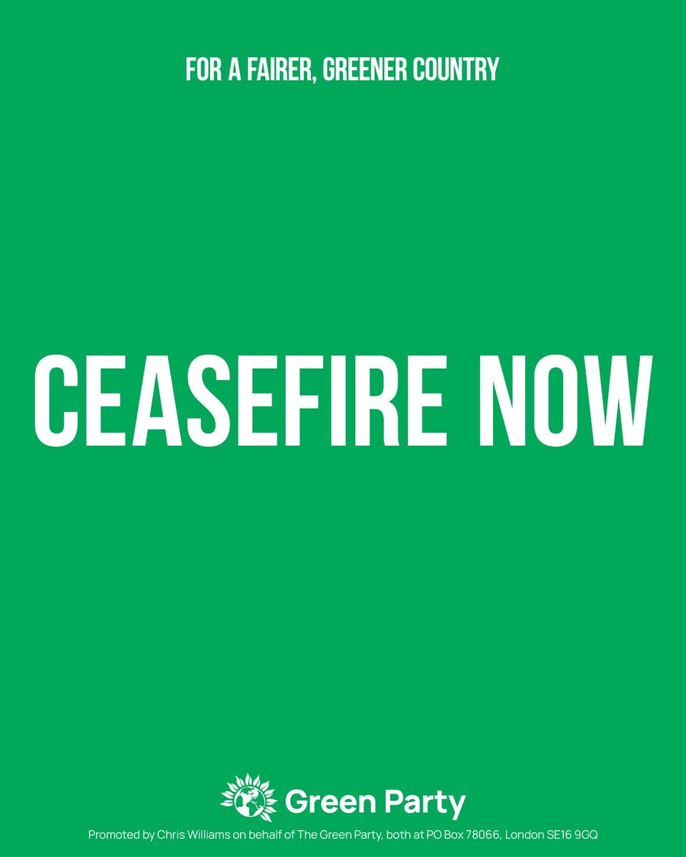 TheGreenParty's tweet photo. Parliament will vote again tonight on a motion calling for a ceasefire in Gaza.

Will MPs do the right thing?

The Green Party is clear. We need a ceasefire now. https://t.co/lsO1Cfj35g