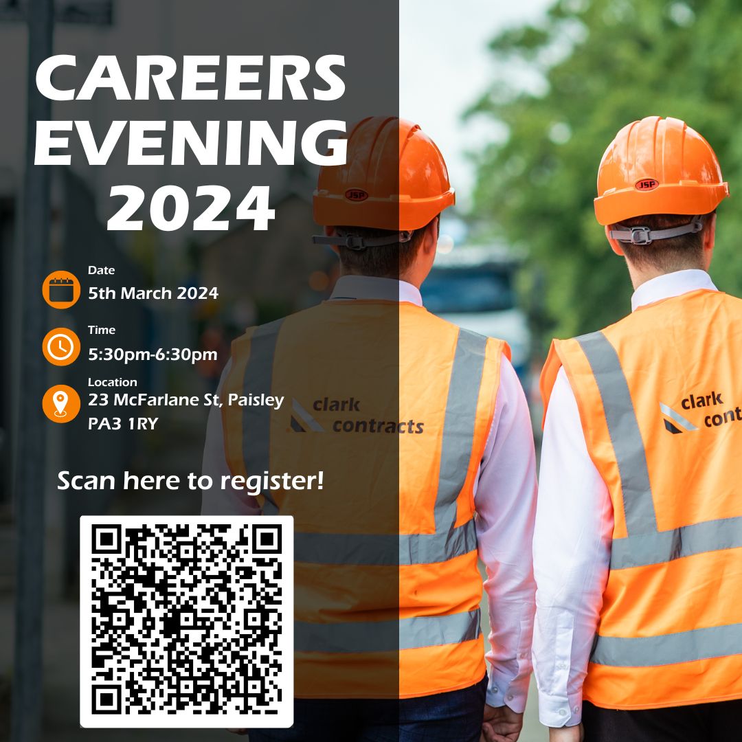 Interested in an apprenticeship or traineeship in the construction industry? Join us at our 8th annual Careers Evening on Tuesday the 5th of March!

🔸  Register here! - rb.gy/b5q8c8

#ScotAppWeek24 #SkillsGeneration #ClarkContractsCareersEvening