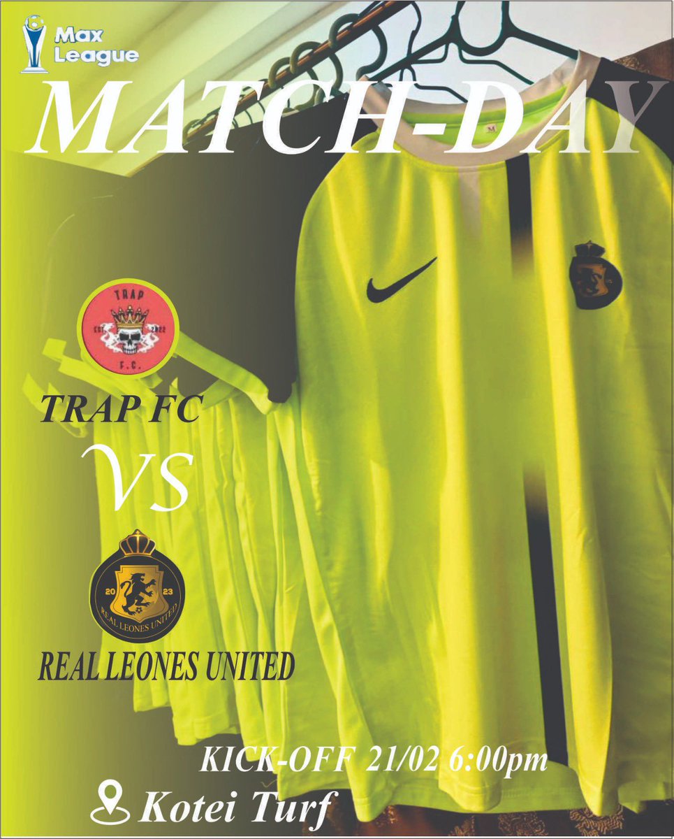 RealLeonesUtd's tweet photo. Trap Fc v Real Leones Utd, coming up !👊🏾🦁
🏟️Kotei Turf

Vamos Leones🦁🔥💪🏾
@maxleaguecup https://t.co/EG70vwtVZJ