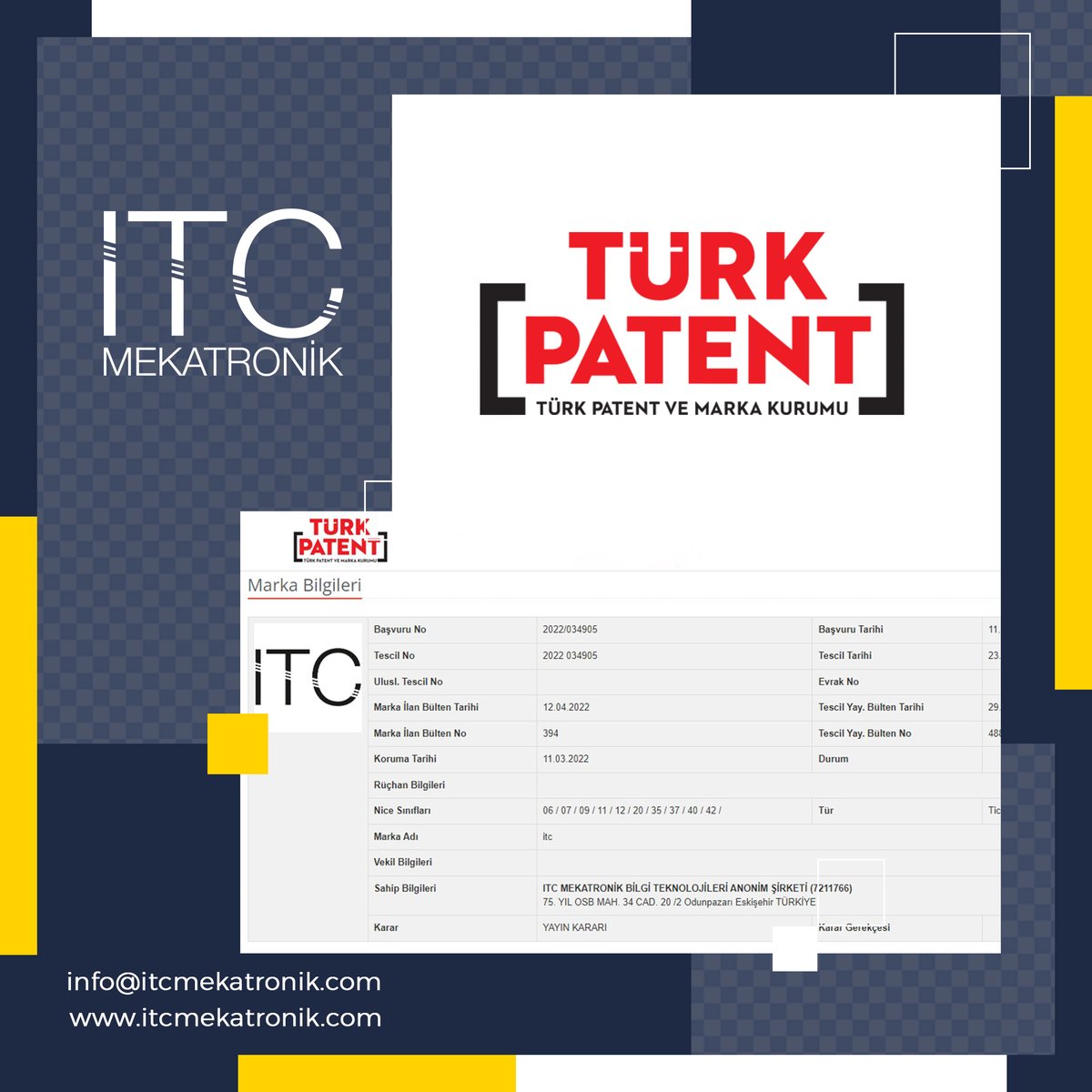 Büyük bir gurur ve heyecanla duyuruyoruz: 23 Ocak 2024 tarihinde Türk Patent ve Marka Kurumu'ndan şirketimize ait marka tescilimizi gerçekleştirdik! 
#ITCmekatronik #MarkaTescili #TürkPatent #ŞirketGururu #BaşarıHikayesi #GüvenilirMarka #Teşekkürler