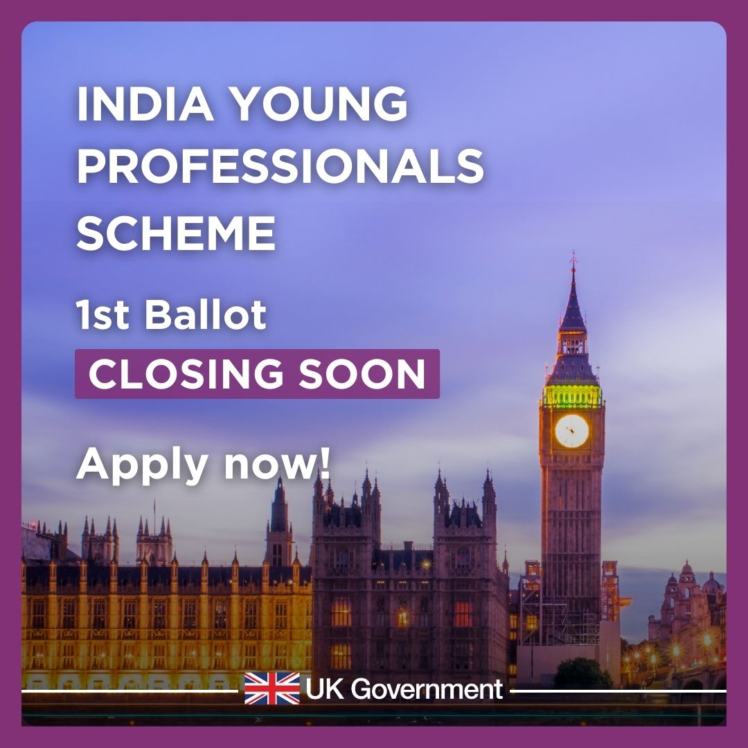 📢 Calling all 🇮🇳 graduates aged between 18-30 years who want to live, work or study in the 🇬🇧.

The first ballot of the India Young Professionals Scheme 2024 closes in less than 24 hours.

For more details, check out: gov.uk/guidance/india…

#IndiaYoungProfessionalsScheme