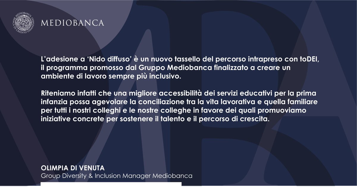 Il Gruppo Mediobanca aderisce a #NidoDiffuso, il progetto che, attraverso iniziative di welfare aziendale, supporta la genitorialità rendendo più accessibili i servizi educativi per la prima infanzia. #Mediobanca @Jointlywelfare