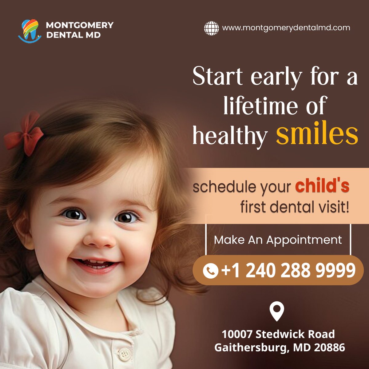 Let Us Keep Your Kids' Smiles Bright and Healthy!
.
.
Book an appointment: 240-288-9999 or  
Visit: montgomerydentalmd.com
.
.
#KidsdentalCare #HealthySmilesForKids #PediatricDentist #ChildDentistry #DentalHealthForKids #Happyteeth #CaringForKidsTeeth #SmileBright
