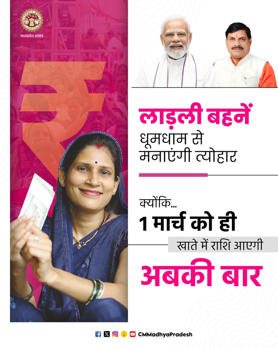 Chief Minister, MP (@cmmadhyapradesh) on Twitter photo рд▓рд╛рдбрд╝рд▓реА рдмрд╣рдиреЛрдВ рдХреЗ рд▓рд┐рдП рдЦреБрд╢рдЦрдмрд░реА
рдЕрдмрдХреА рдмрд╛рд░ 10 рддрд╛рд░реАрдЦ рдХреЛ рдирд╣реАрдВ...
1 рдорд╛рд░реНрдЪ рдХреЛ рдЦрд╛рддреЗ рдореЗрдВ рдЖрдПрдЧреА рд░рд╛рд╢рд┐
тЦ╢я╕ПрдзреВрдордзрд╛рдо рд╕реЗ рдордиреЗрдЧреА рдорд╣рд╛рд╢рд┐рд╡рд░рд╛рддреНрд░рд┐ рдФрд░ рд╣реЛрд▓реА
<a href="/DrMohanYadav51/">Dr Mohan Yadav</a> рд▓рд╛рдбрд╝рд▓реА рдмрд╣рдиреЛрдВ рдХреЗ рд▓рд┐рдП рдЦреБрд╢рдЦрдмрд░реА
рдЕрдмрдХреА рдмрд╛рд░ 10 рддрд╛рд░реАрдЦ рдХреЛ рдирд╣реАрдВ...
1 рдорд╛рд░реНрдЪ рдХреЛ рдЦрд╛рддреЗ рдореЗрдВ рдЖрдПрдЧреА рд░рд╛рд╢рд┐
тЦ╢я╕ПрдзреВрдордзрд╛рдо рд╕реЗ рдордиреЗрдЧреА рдорд╣рд╛рд╢рд┐рд╡рд░рд╛рддреНрд░рд┐ рдФрд░ рд╣реЛрд▓реА
<a href="/DrMohanYadav51/">Dr Mohan Yadav</a>