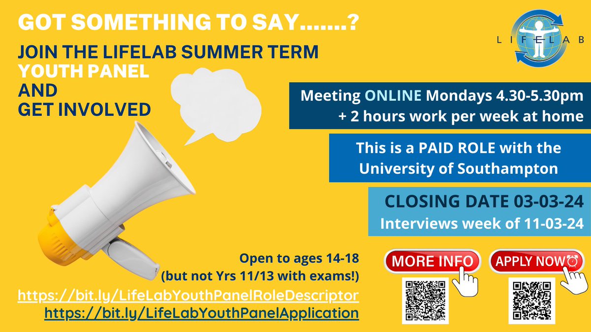 📢 Shout out for 14-18 year olds interested in health issues! Help us find teenagers who would like to get PAID to share their opinions and ideas with our Youth Panel. More info: bit.ly/LifeLabYouthPa… Applications close Sunday 3 March. #WeAreUoS #WorkExperience #YouthIssues